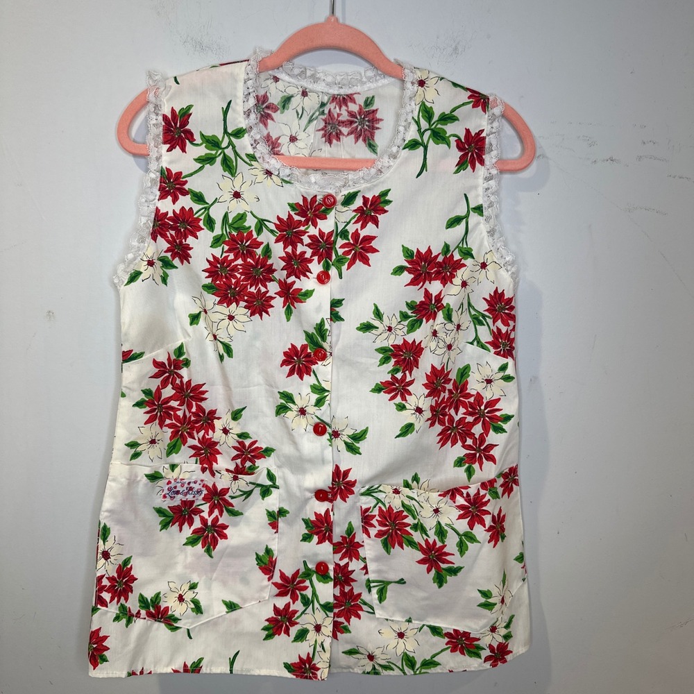Vintage Boho Cottage Poinsettia Floral Top Apron Vest Lace Trim Red White Medium